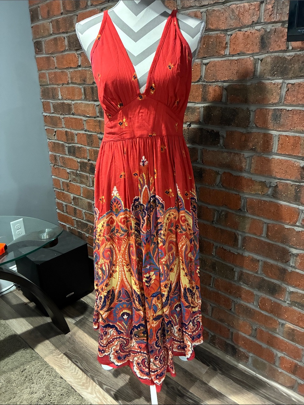 Willow Red Embroidered Paisley V-Neck Maxi Dress.  Size Small.
